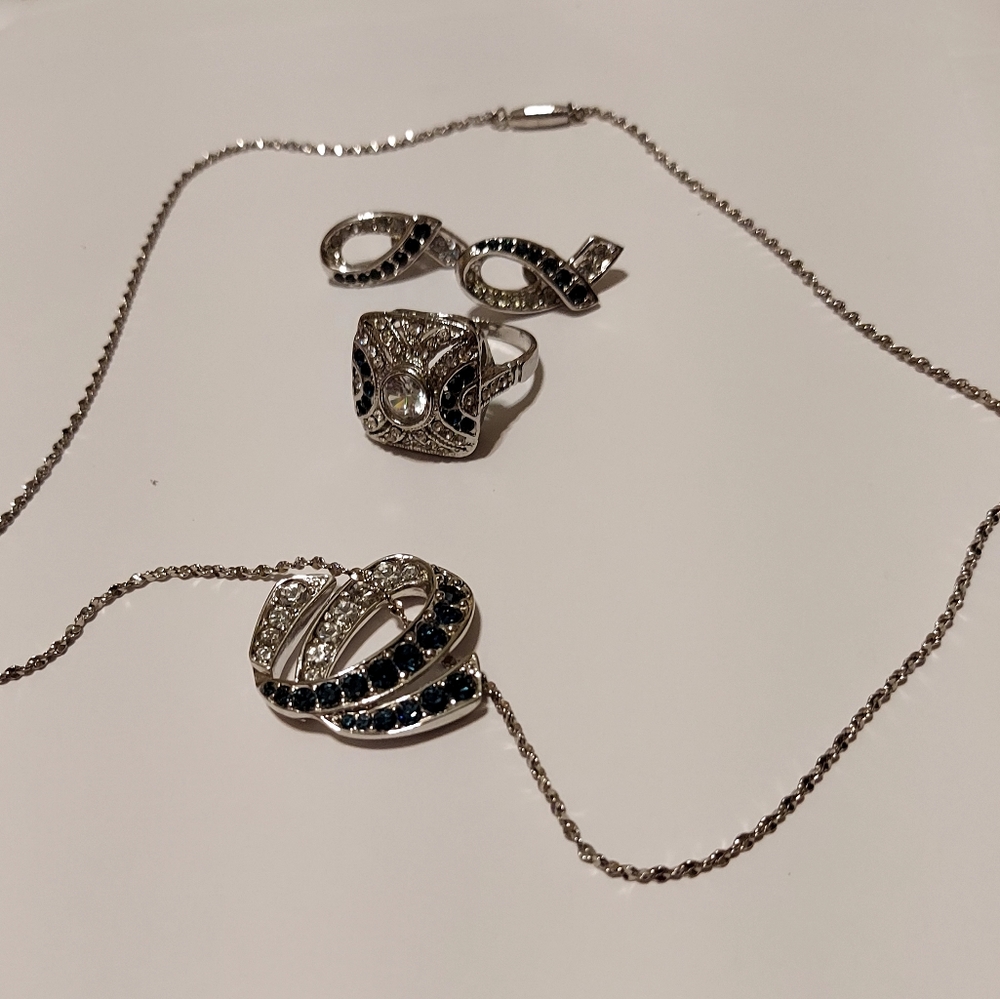 Vintage Gallery Original Blue Sapphire & CZ Silvertone Necklace,Earrings, &Ring